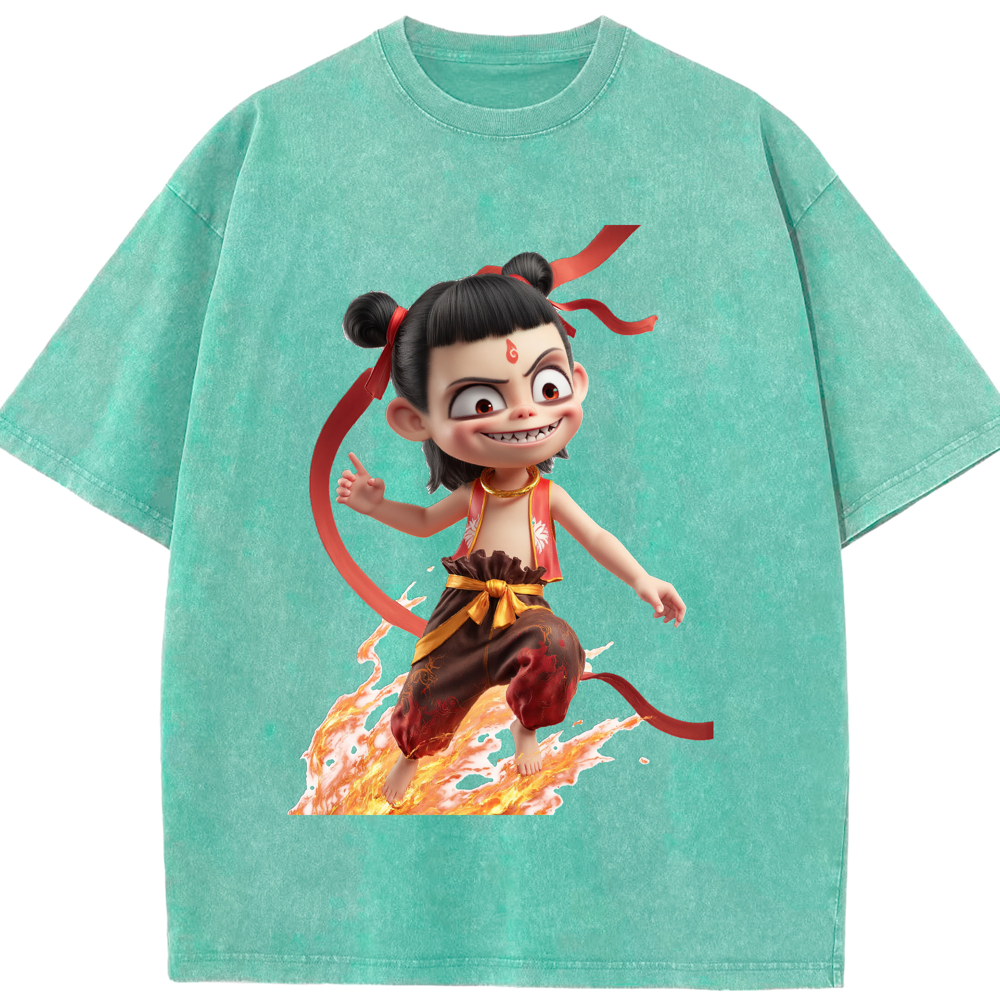 （画像用） Ne Zha 2 ナタ 魔童の大暴れ 綿100% ヴィンテージ風 半袖Tシャツ（フロントプリント）